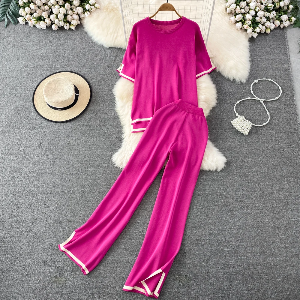 

Women's Fashion Set Temperament Collision Color Round Neck Knit Pullover Top 2 Pieces Set High Waist Open Knit Wide Leg Pants