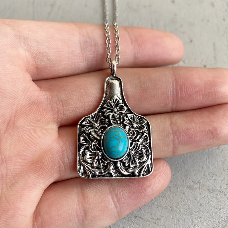 Oval Turquoise Stone Silver Texture Mnetal Cowtag Sunflower Geometric Western Necklace Women Long Bar Cactus Jewelry Wholesale
