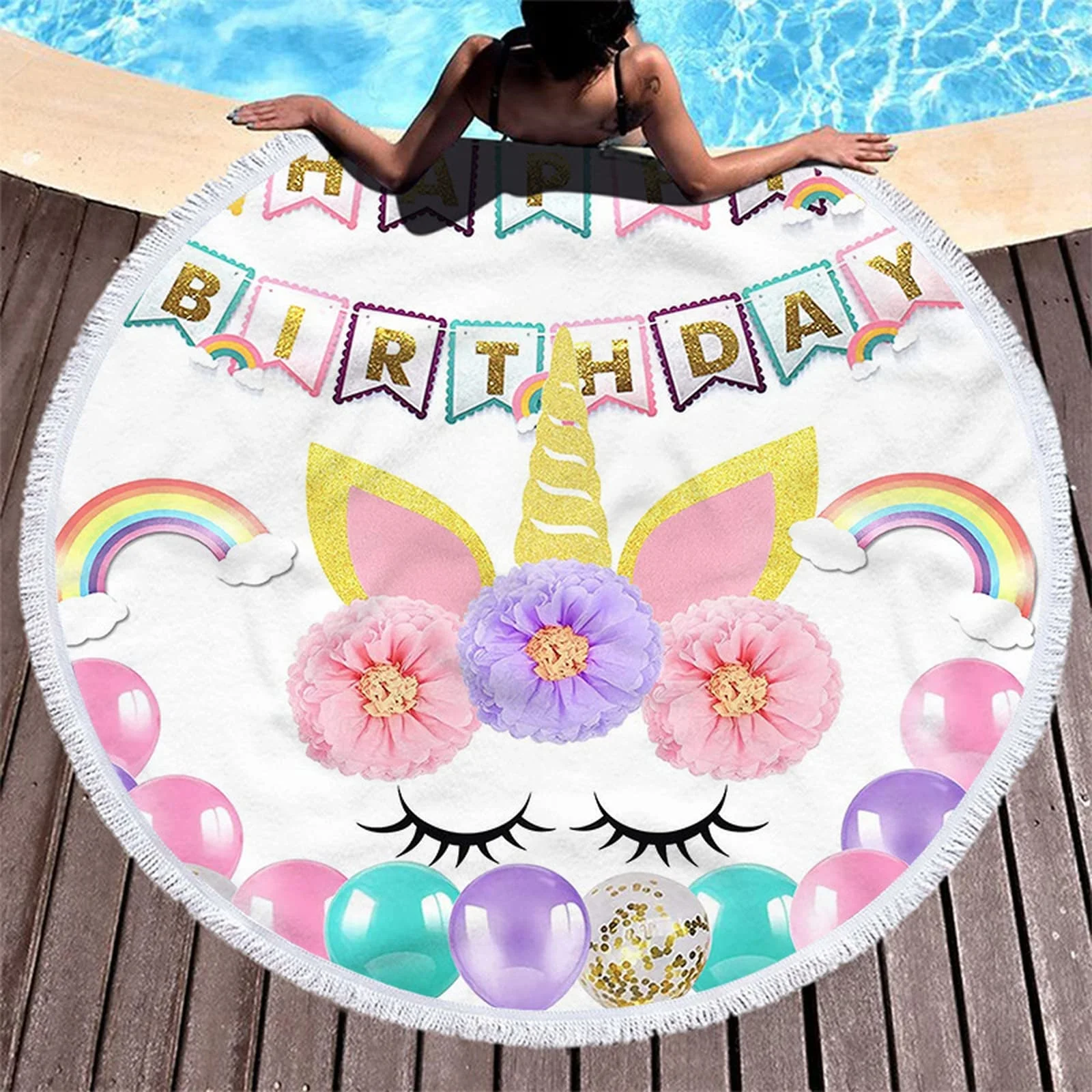Round Birthday Party Fringe Quick Dry Bath Towel For Swimming Travel Shower Sandproof Pool Towels Picnic Mat