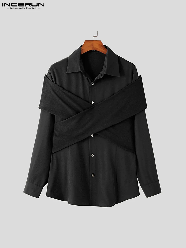 INCERUN Tops 2022 American Style Men's Fork Design Fake Two Solid Color Blouse Stylish Male Personality Long Sleeve Shirts S-5XL