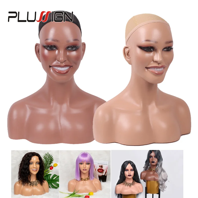 Smiling Mannequin Head With Shoulders For Wig Display Realistic Mannequin Head With Makeup 1Pcs And Silicone Non-Slip Cap 1Pcs