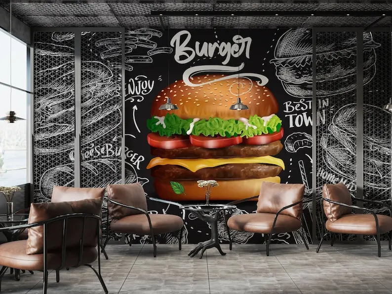 

Customizable Fast Food Restaurant Wallpaper, Culinary Peel and Stick Wall Mural, Bistro Cafe Wall Art, Burger Wall Decor Black B