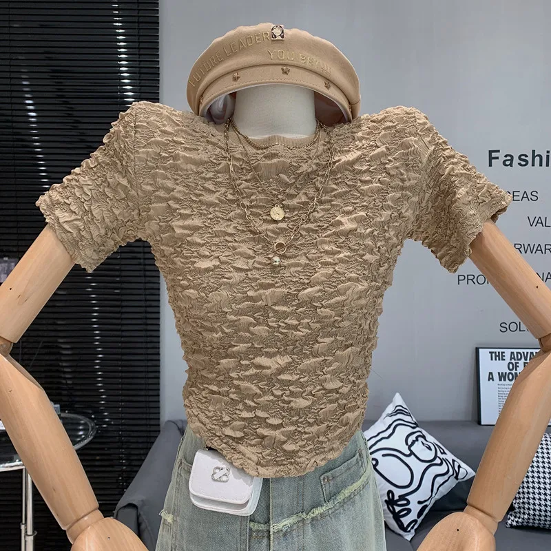 

Новинка Женская одежда Весна 2023 винтажная плиссированная футболка с коротким рукавом дизайнерский универсальный топ