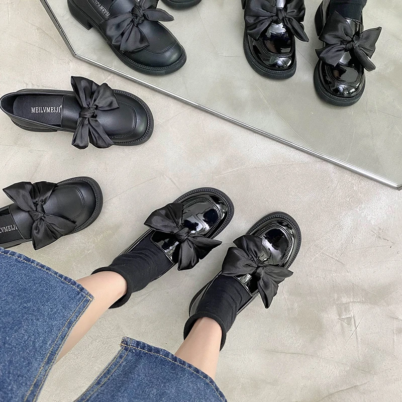 

Womens Derby Shoes Bow-Knot Female Footwear Clogs Platform British Style Autumn Round Toe Leather Butterfly Dress Creepers New P