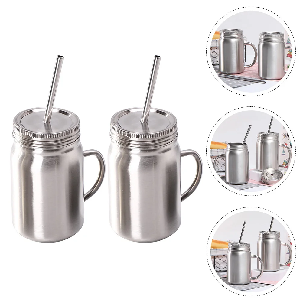 

Jars Mugs Stainless Steel Tumbler Straw Cup Tumblers Drinking Insulated Mug Double Coffee Straws Wall Mouth Lid Wide Travel