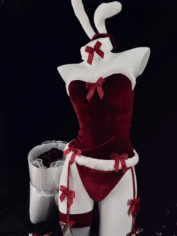 Красное рождественское нижнее белье с кроликом женское эротическое горничной