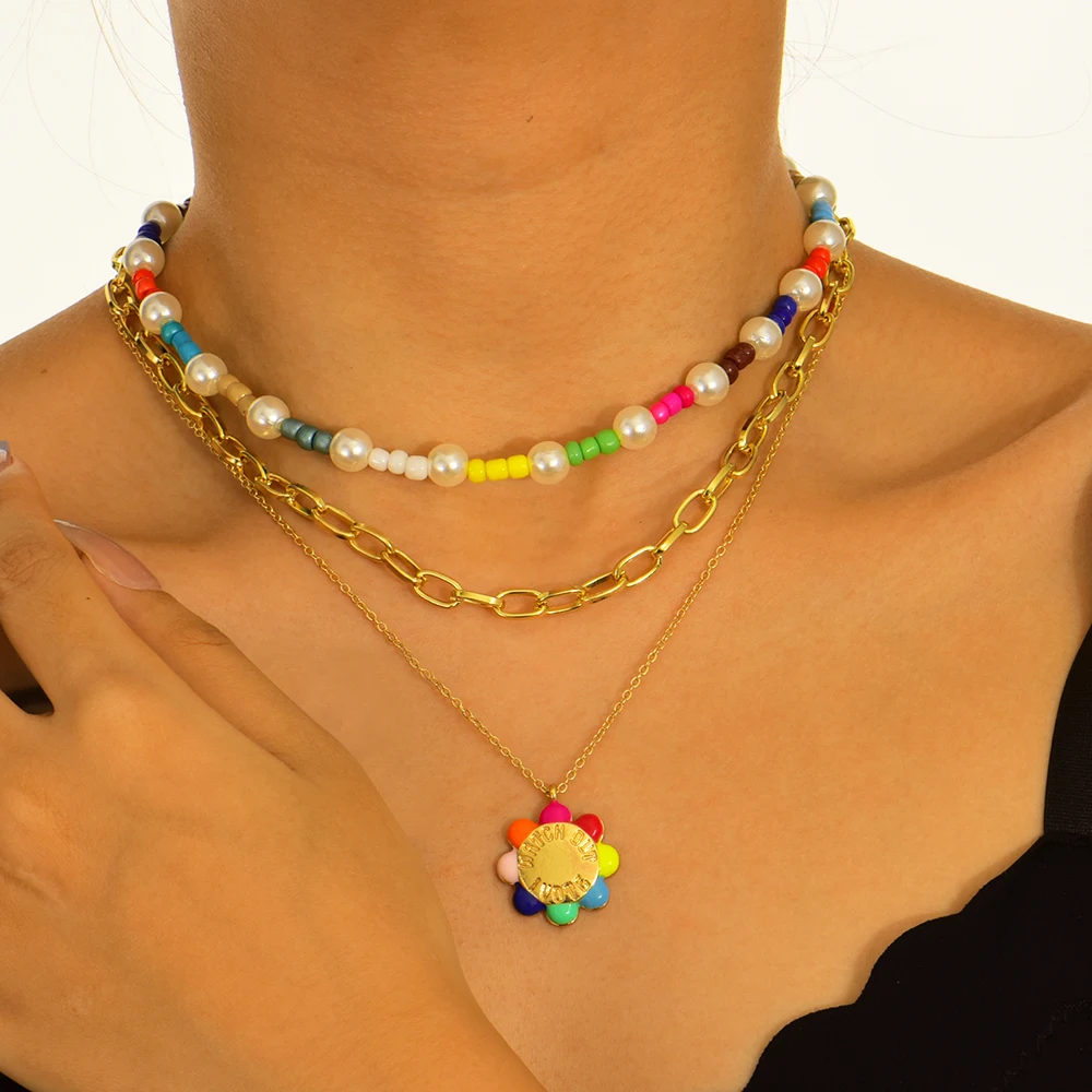 

Fashion Layered Pearl Flower Pendant Necklace Female Small Daisy Pearl Chain Collar Necklace Boho Vintage Jewelry Gift чокер