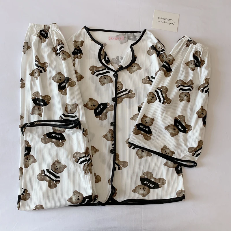 3 Pieces Set Sleepwears for Women Bear Cartoon Tops with Pants Shorts Summer Casual Pijama Korea Style Homewear Clothes Pajamas