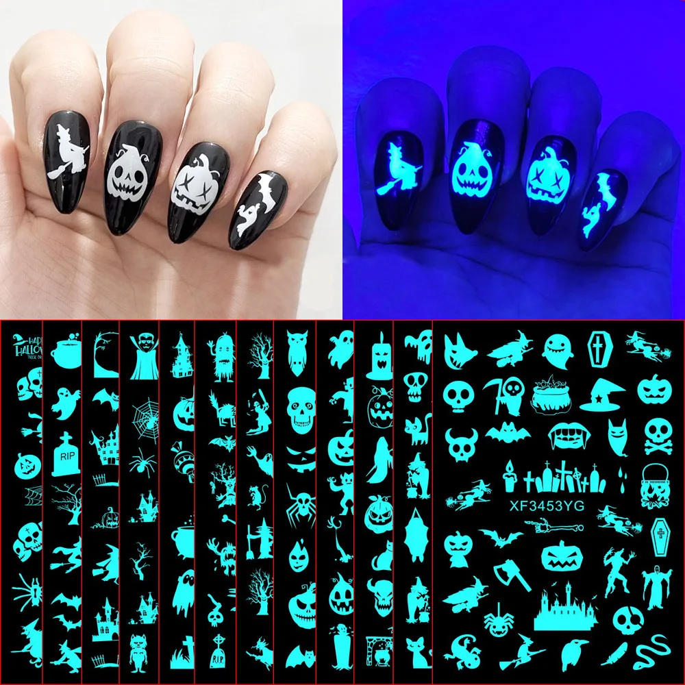 

Glow in the Dark Nail Art Sticker Halloween Spider Web Luminous Slider Pumpkin Ghost Witch Bat Self-Adhesive Nail Decals