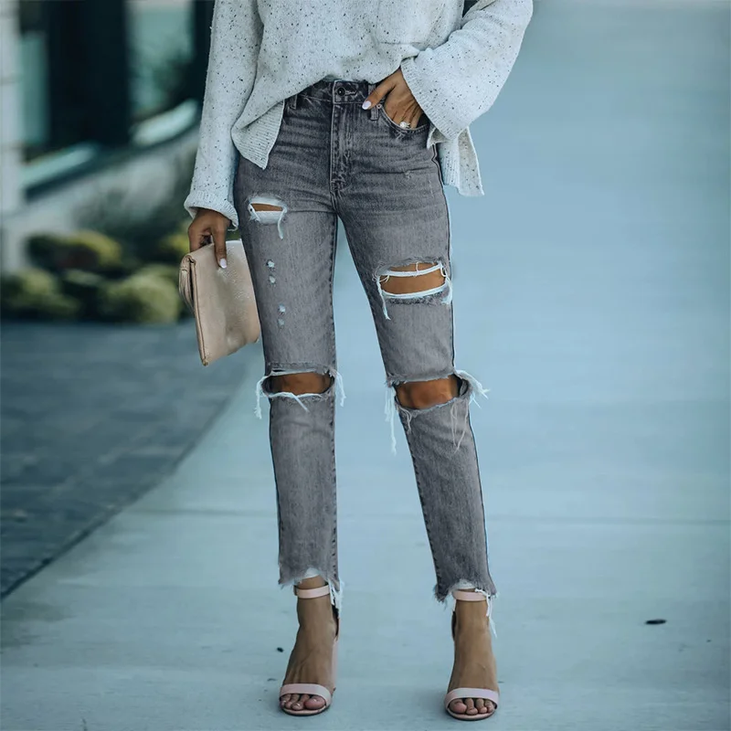 

2023Casual slim jeans, New Perforated Women's Jeans Street Trendy Washed Slim Fit Straight Leg Pants