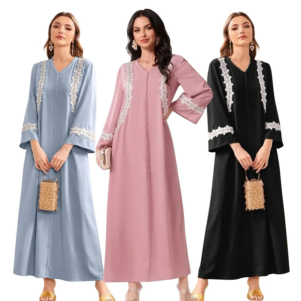 

Lace Flower Jalabiya Women Muslim Maxi Dress Moroccan Kaftan Dubai Turkey Abaya Islamic Clothing Robe Eid Longue Vestidos Largos
