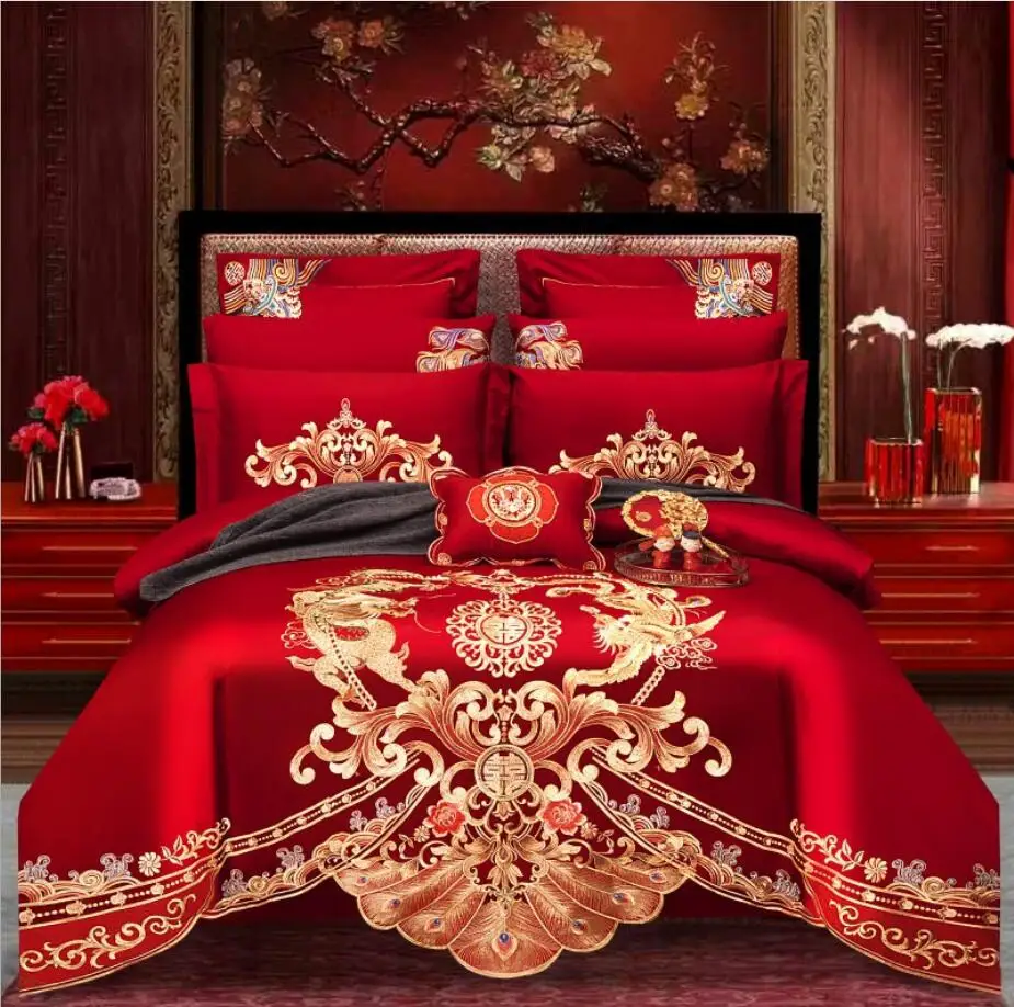 

100% Cotton Chinese Royal Wedding Red Bedding Set Luxury 4/6pc Golden Loong Phoenix Embroidery Duvet Cover Bed Sheet Pillowcases