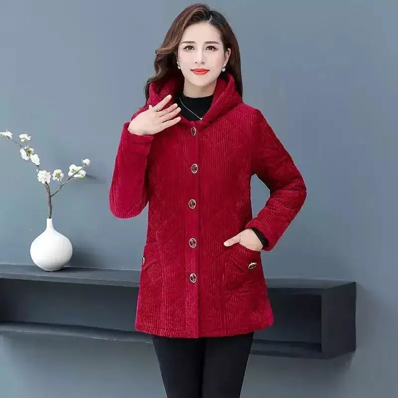 New Women Jacket Winter Fleece Thicke Corduroy Outerwear Parker Female Hooded Cotton Padded Coat Clothes 5XL Women Basic Coats