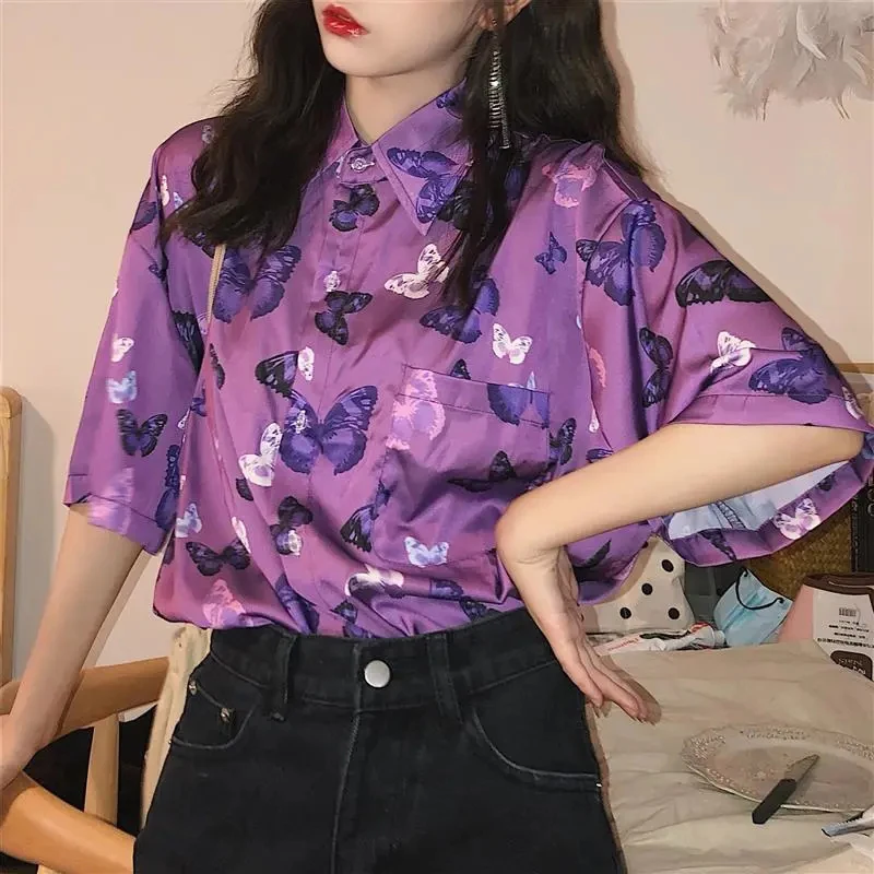 

Harajuku Butterfly Print Shirt Woman 2023 Summer Single-Breasted Pockets Ladies Top Vintage Loose Mid-Length Short Sleeve Shirts