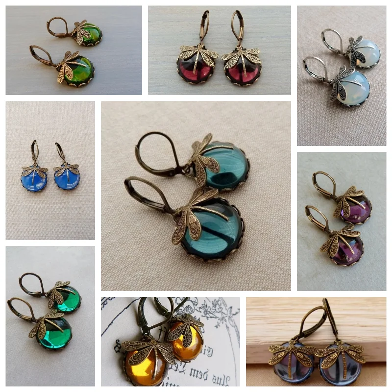 

Vintage Bronze Dragonfly Earrings Fashion Gold Color Metal Carving Pattern Inlaid Moonstone Drop Earrings for Women Jewelry