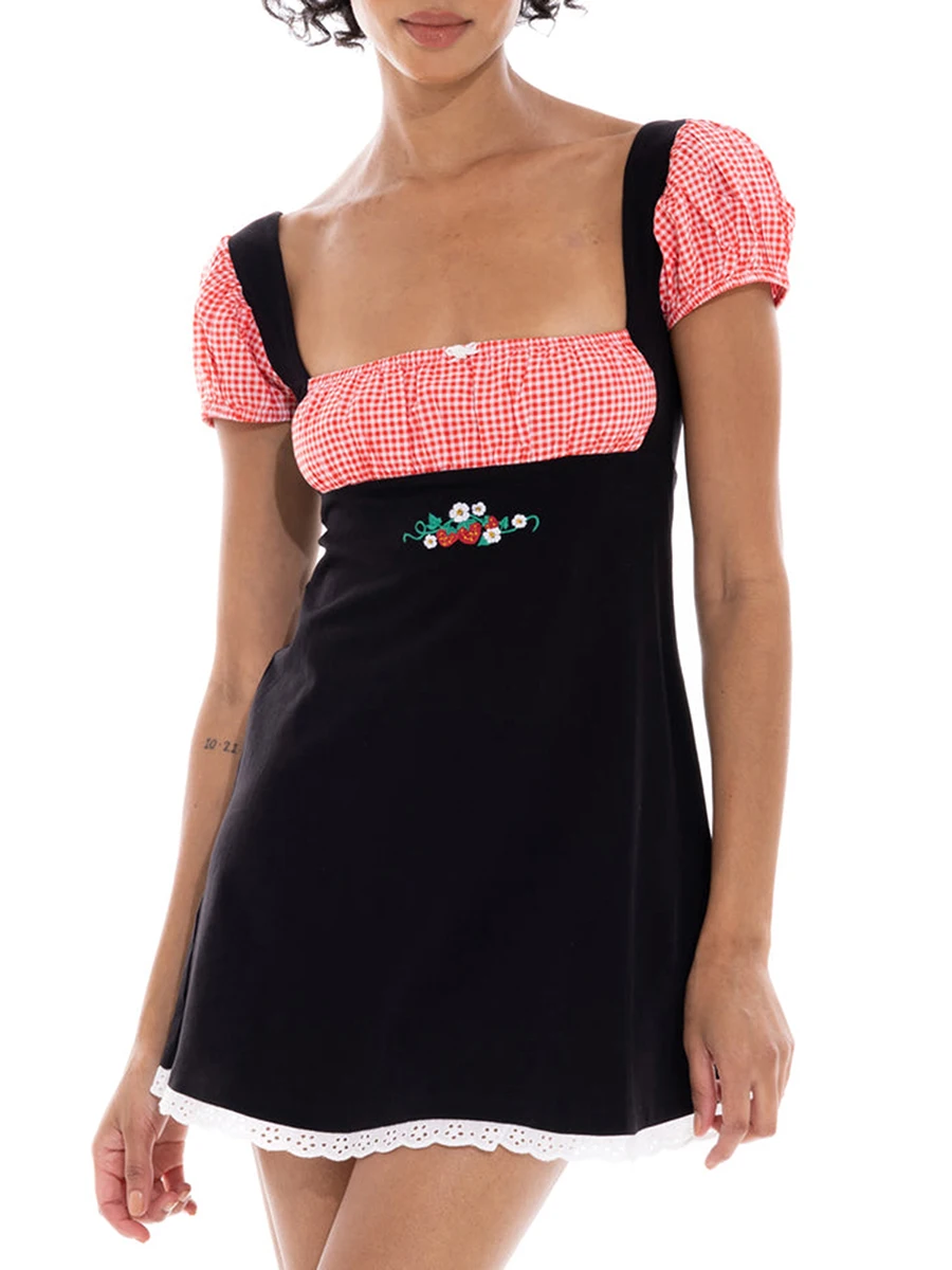 

Women's Summer Spice Tie Color Short Sleeve Bodysuit Short Sleeve Square Neck Lace Trim Plaid Patchwork Short Dress