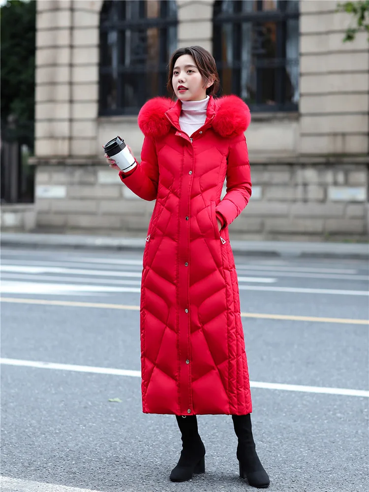 New Women Down Coat Ankle-Length Winter Fashion Detachable Real Fox Fur Collar Thicken Warm Long Down Jacket Slim Overcoat