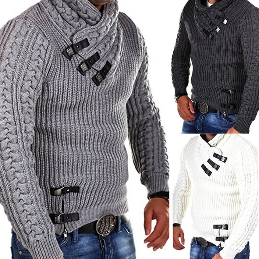 

Autumn winter Sweater Pullovers Men Casual Slim Sweaters Men Horns Buckle Thick Turtleneck Men'S Sweater Clothes