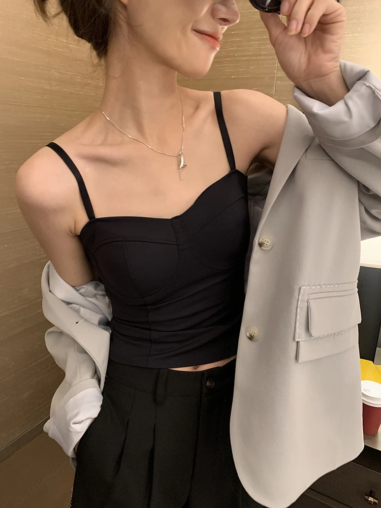 

2022Knitted small camisole women's summer inner wear solid color short halter pure desire top all-match casual
