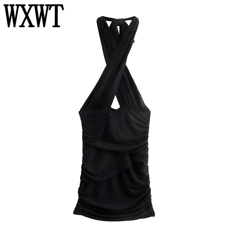 

Женское черное облегающее мини-платье WXWT со складками и лямкой на шее, женское летнее сексуальное платье без рукавов с открытой спиной, плат...