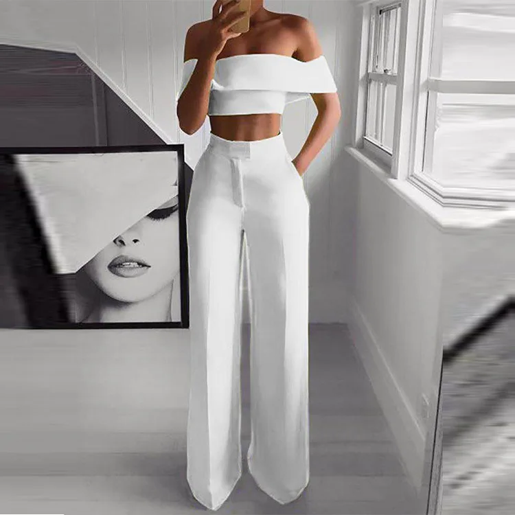 

Women Sexy Sleeveless Elegant Skinny Jumpsuit 2022 Summer Solid Off Shoulder Crop Top Straight Pants Pocket Design Short Tops