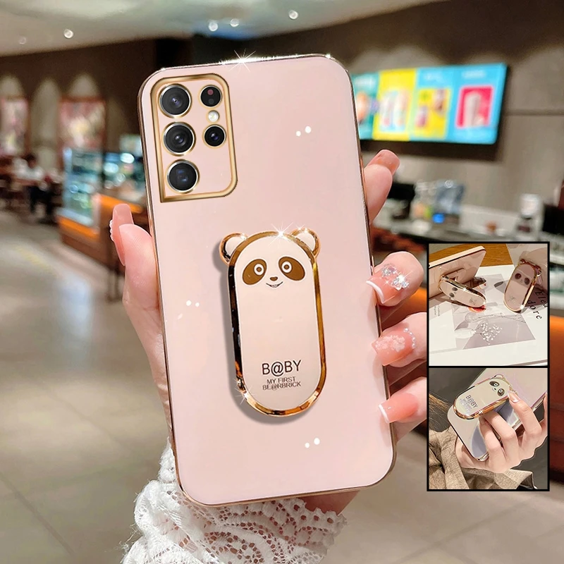 

Luxury Case for Samsung Galaxy S22 Ultra S21 S20 S10 FE Plus 5G Plating Silicone Cute 3D Panda Stand Holder Phone Cover Fundas