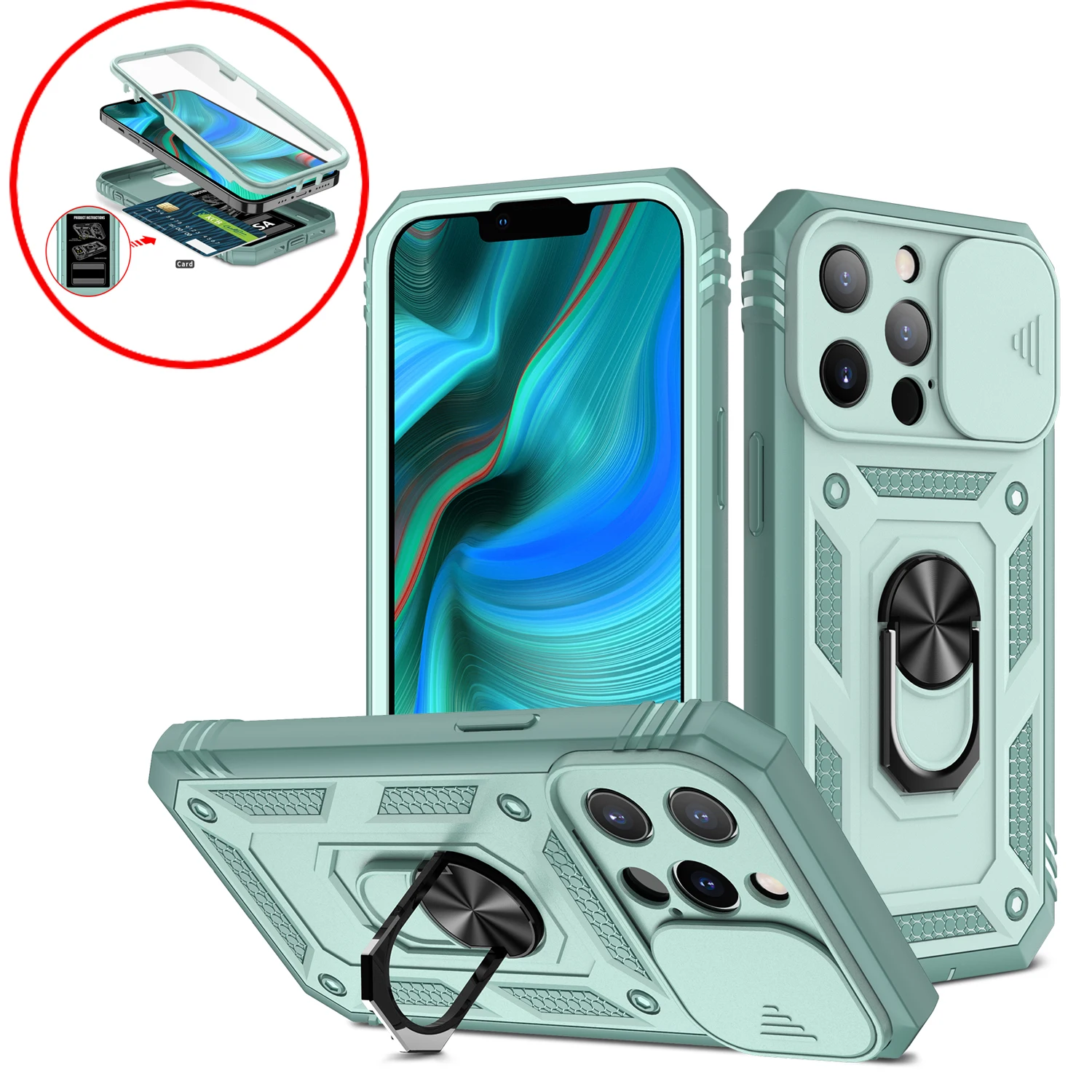 

Camera Protective Shockproof Case For iPhone 13 12 11 Pro Max 13 Mini X XS Max XR 6 7 8 Plus Card Slot Ring Stand Holder Cover