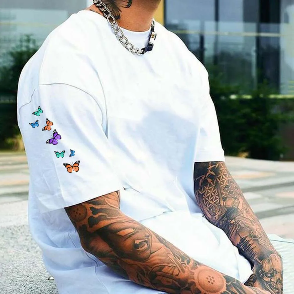 

Classic T-Shirt Butterfly Print White Top Casual Fashion Short Sleeve Men's Top Short-sleeved Summer New 2022 Street Loose