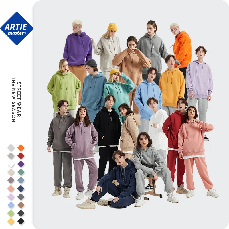 

2022 autumn and winter new 20 color Plush loose fashion brand sweater men's solid color thickened hooded sweater set in stock