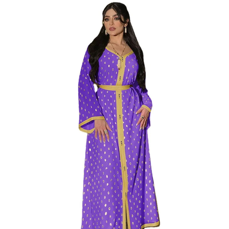 

Dress Party Night Purple Chiifon Gold Belt Dot V Neck Hem Slit Long Sleeve Dresses Kaftan Luxury Dress