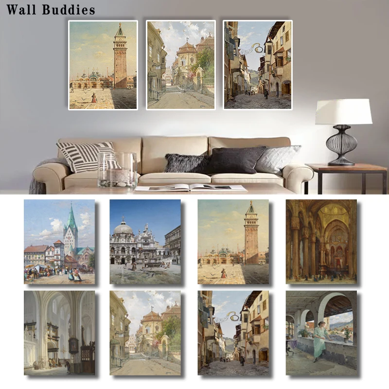 

European Style Luxury Ancient Architecture Church Palace Town Street View Poster Printed Canvas Home Background Wall Decoration