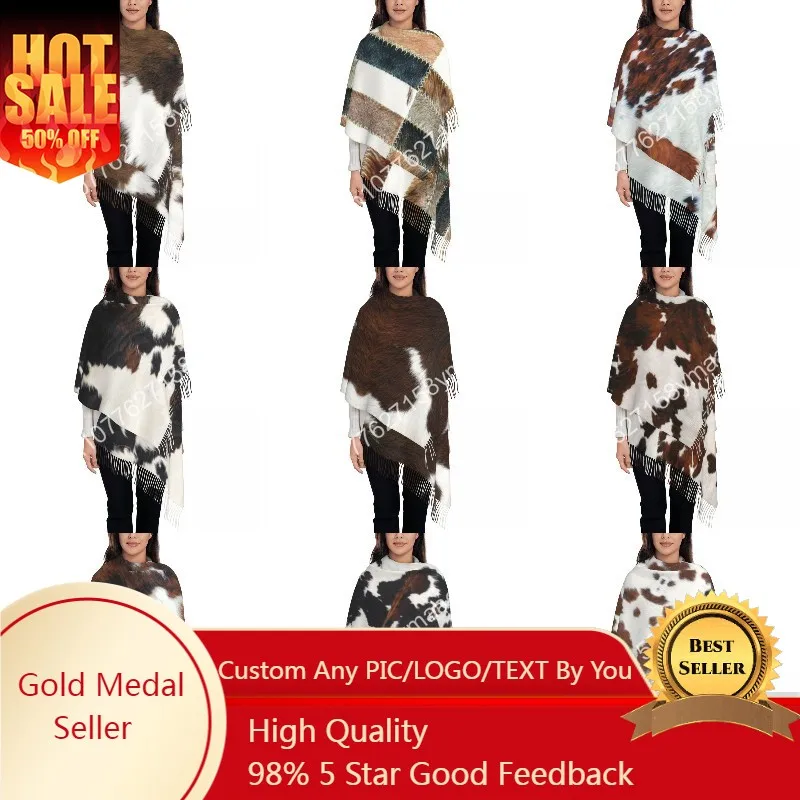 

Middle East Stylish Cow Fur Cowhide Texture Tassel Scarf Women Winter Fall Warm Shawls Wraps Lady Animal Skin Leather Scarves