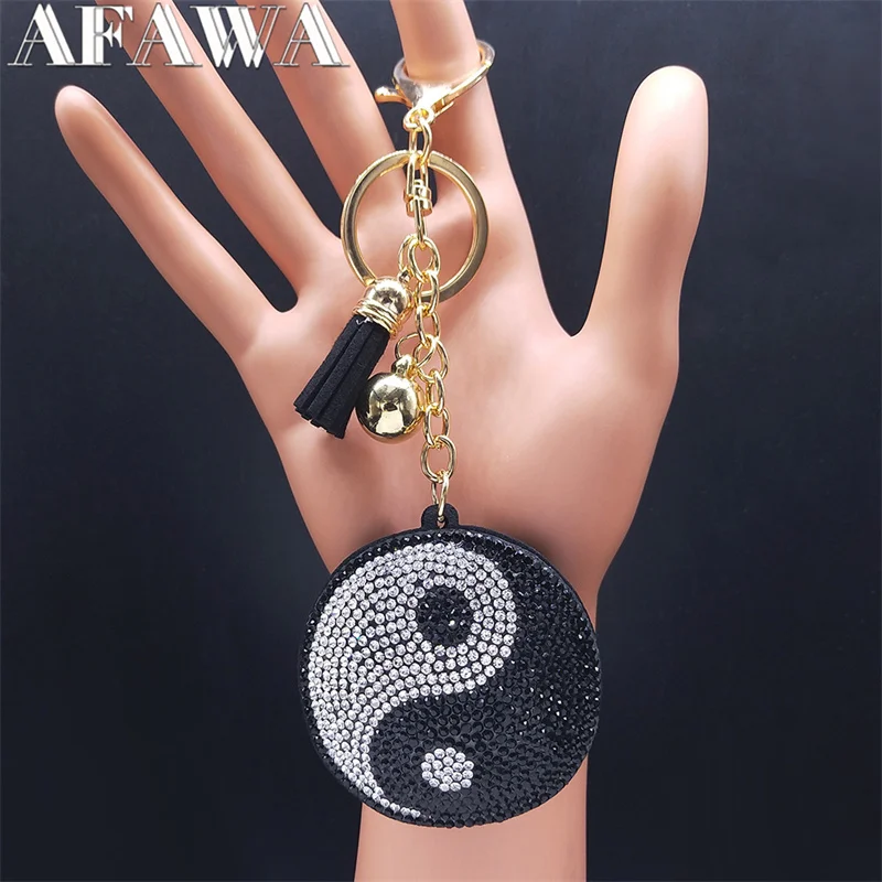 

Yin Yang Taichi Symbols Key Chain Crystal Gold Color Tassel Pendant Keychain Jewelry llavero hombre K2808S01