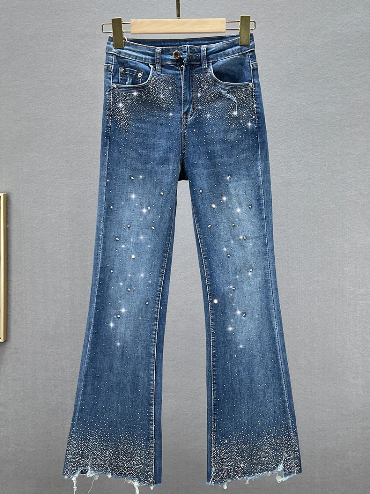 Jeans for Women 2022 New Thin Summer Clothing High Waist Slim Fit Denim Trousers Heavy Hot Drilling Flare Pants Ladies Blue Jean