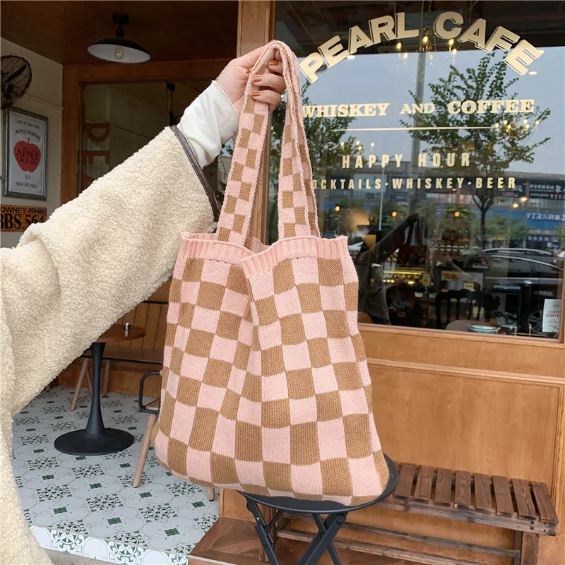 Knitted Checkerboard Bag For Women Canvas Tote Shoulder Bags Retro Weave Plaid Handbags Female Casual Travel Shopping School Bag images - 6