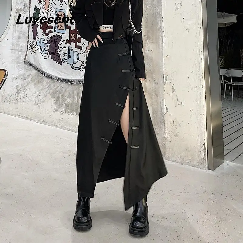 

Punk Gothic Female Slit Empire Long Chinese Style Skirt 2022 Spring Black Dark Goth Harajuku Cheongsam Skirts Korean Fashion