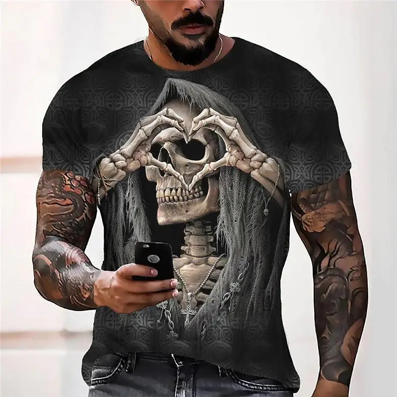 

Summer Horror Skull 3D Printed Men's T-shirt Loose O-neck Short Sleeve Skull Street Rock Hip-hop Top 6XL