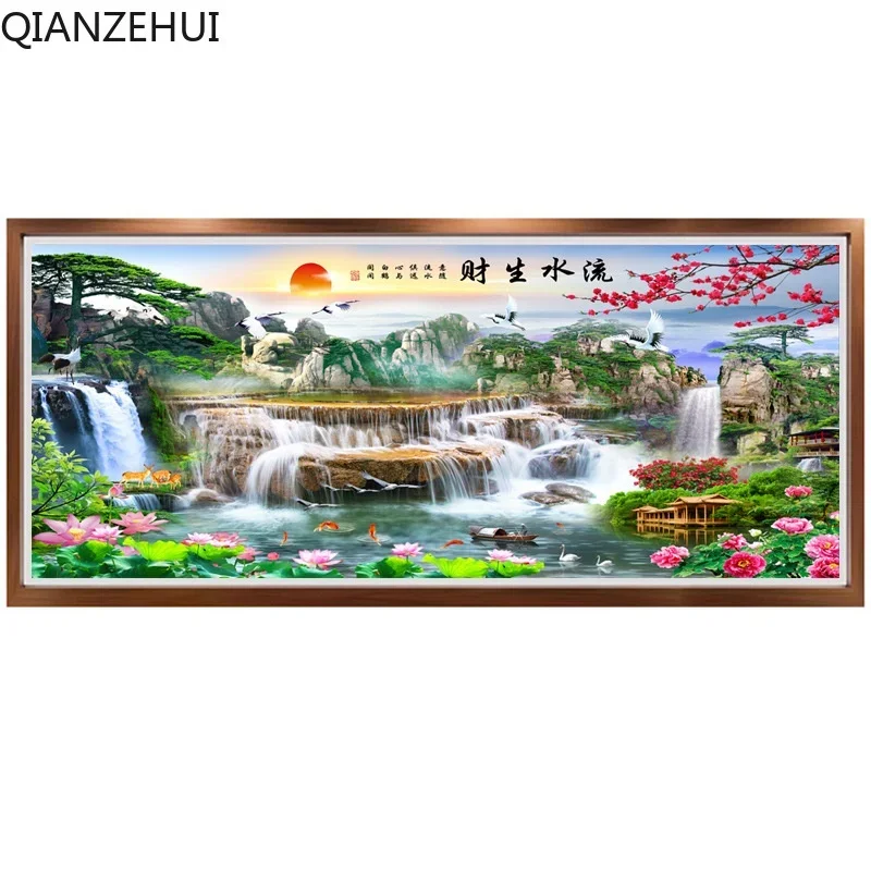 DIY 11CT Печатная проточная вода богатство геомантическая полная вышивка в гостиной