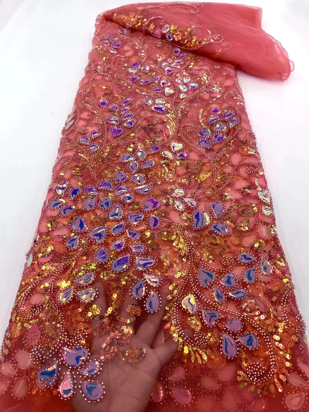 

Pink Luxury Design Floral Beaded Embroidery Sequins Lace Fabric With Pearls Material for Sewing Nigerian Evening Dresses