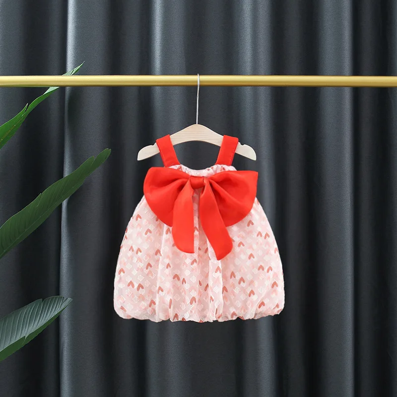 

New Toddler Baby Girls Dress Heart Print Sleeveless Dresses Summer Infant Fashion Big Bow Princess Party Dress
