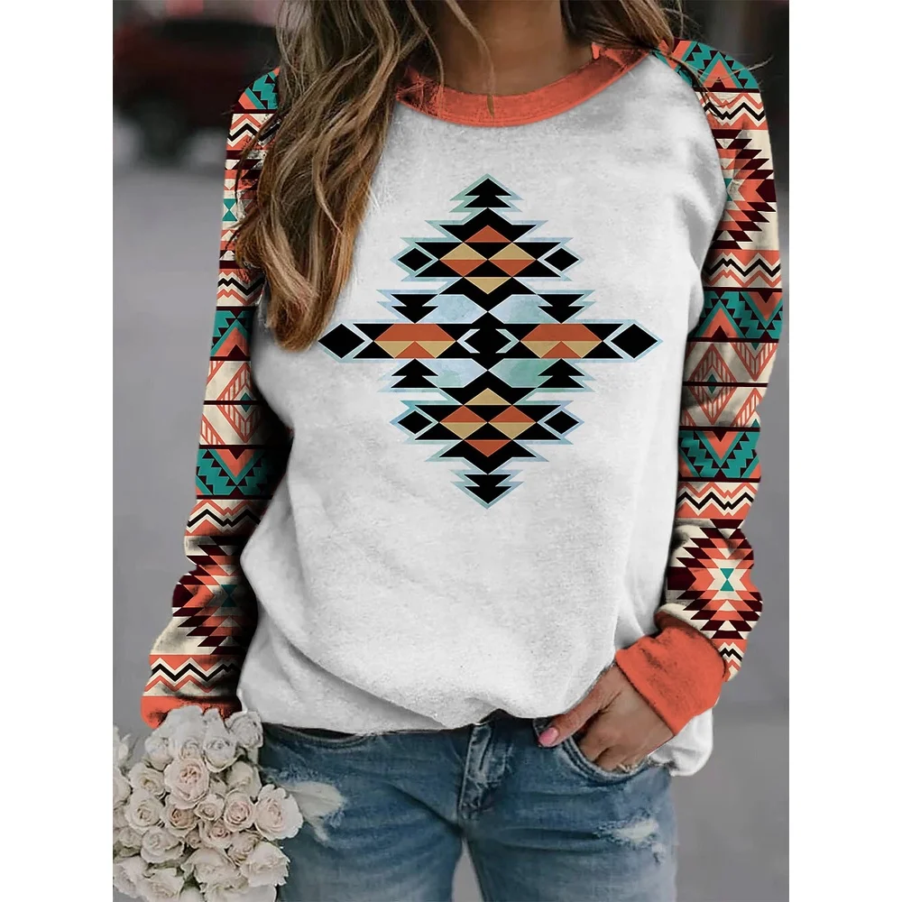 

2022 [New In] Women's Bohemian Theme Long Sleeves T Shirt Graphic Geometric Print Round Neck Basic Boho Tops