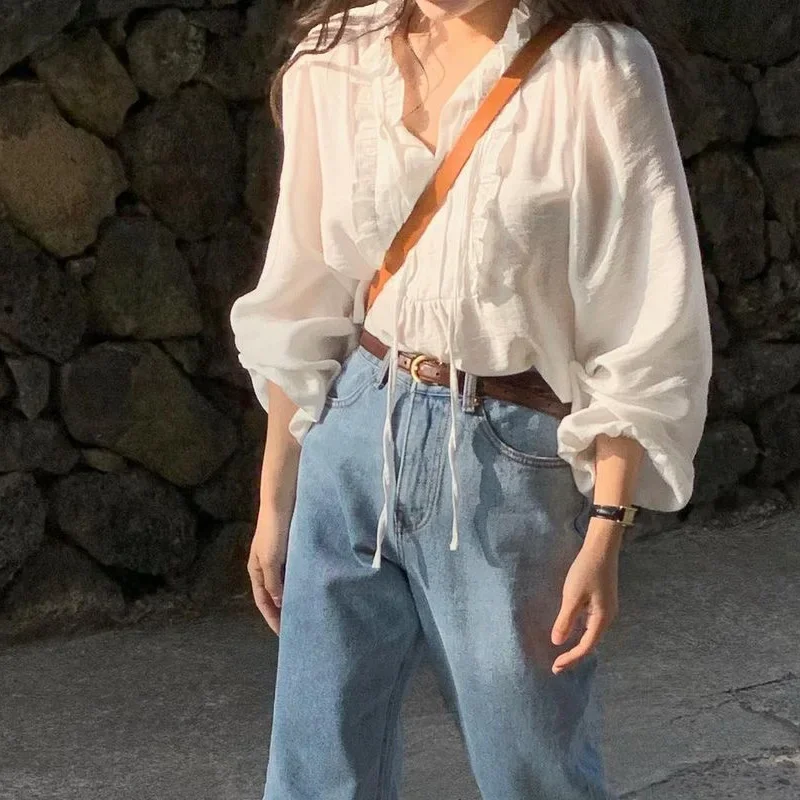 

Spring Cotton V-neck Shirt Sweet Soft Tops Casual Lace-up Girls White Blouse Korean Long Puff Sleeve Women Clothing Blusas 25850