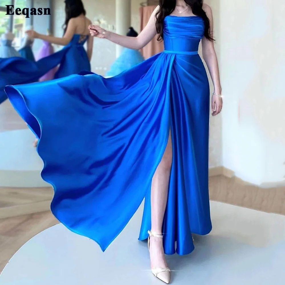 Купи Eeqasn Simple Blue Silk Satin Long Prom Dresses Strapless Lace Up Back Formal Evening Gowns Slit Side Wedding Party Dress за 4,898 рублей в магазине AliExpress