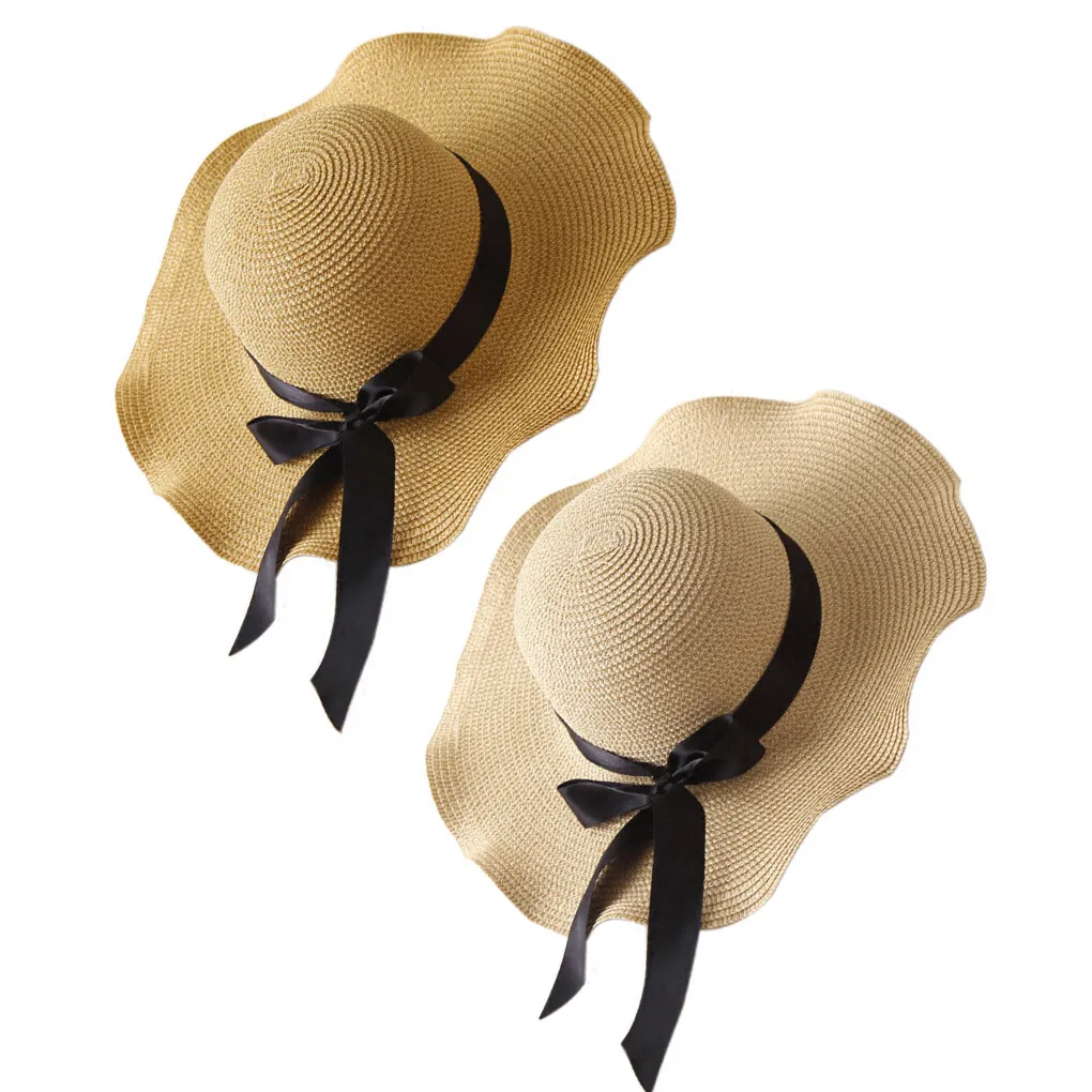 

Women Bowknot Wide Large Brim Wave Wdge Straw Hat Foldable Spring Summer Girls Sunshade Hat