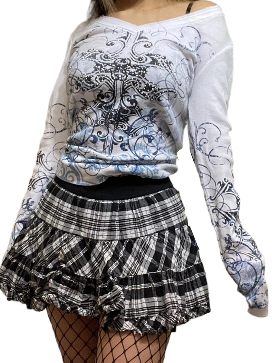 

Y2K Топы с длинным рукавом для женщин, топ с графическим принтом Феи гранж, винтажный укороченный топ, футболка