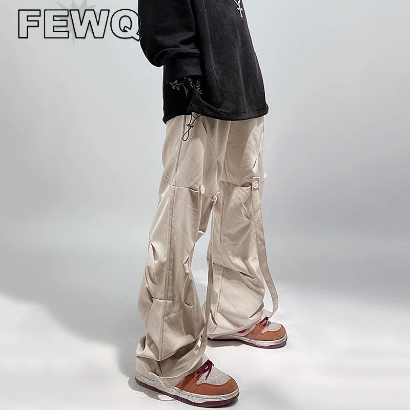 

FEWQ Lace Up Mens Pleated Suit Pant High Street Male Straight Trousers Hip Hop Solid Color Vintage Wide Leg Y2k 2023 New 24B2594