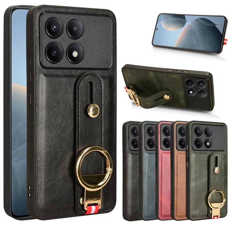 Противоударный деловой кожаный чехол для Xiaomi Poco X6 Pro с ремешком на руку Redmi K70E k70e