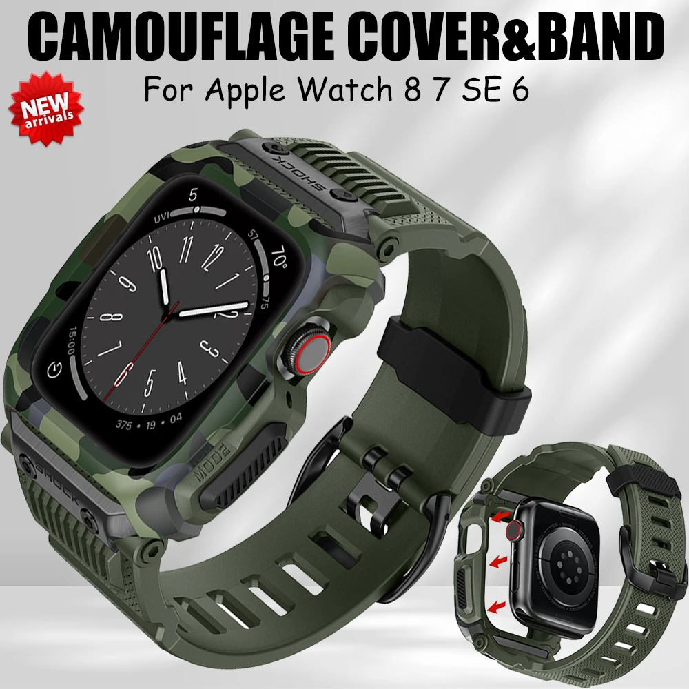 

Army Camouflage Sport Case For Apple Watch 45mm 44mm 42mm 8 7 SE 6 Band Waterproof Drop-Resistant Integrated Strap Mod Kit
