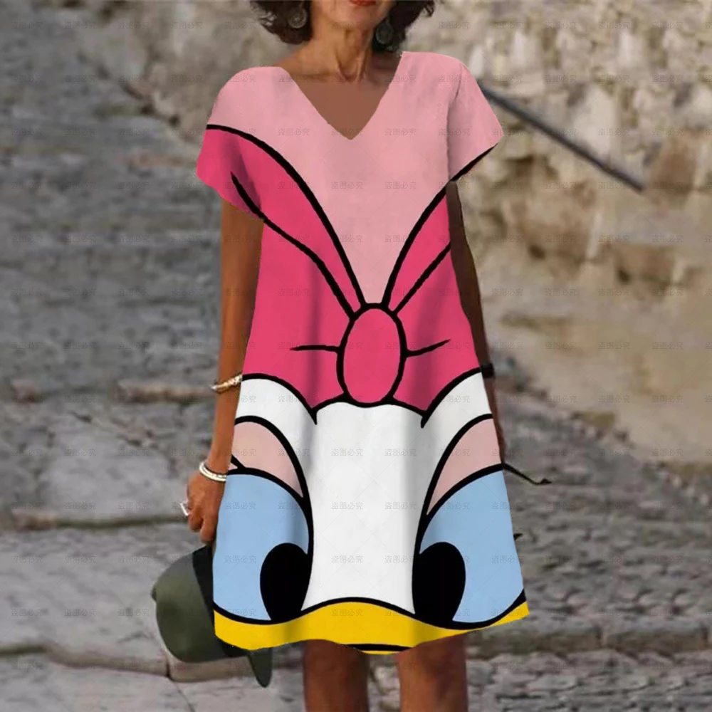 2022 Summer Women's Shift Dress Knee Length V Neck Short Sleeves Elegant Disney Mickey Mouse Minnie Printed New Design Dress