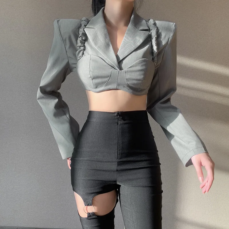 Korean Fashion Sexy Cropped Blazer Women Shoulder Pads Jackets Short Long Sleeve Chic Y2k Stylish Elegant Blazers Grey 2023